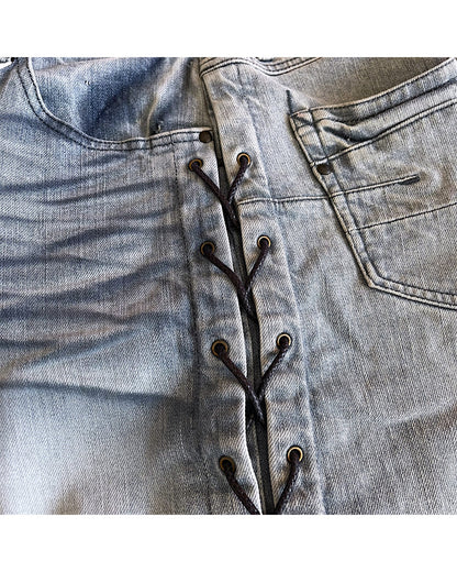 Tornado Mart Side Lace-Up Light Blue Washed Denim Shorts