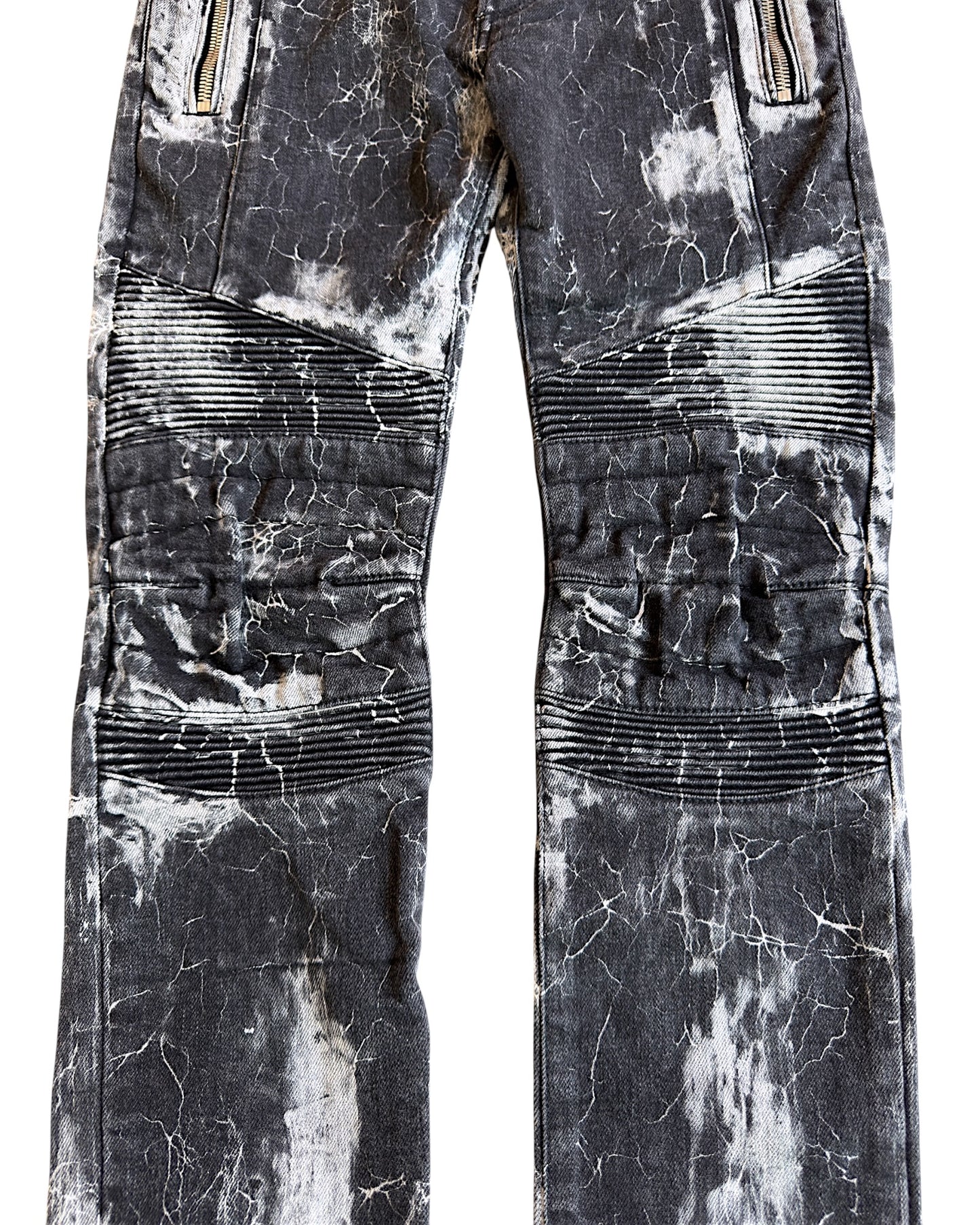 Balmain Batik Marble Print Slim Biker Denim Jeans
