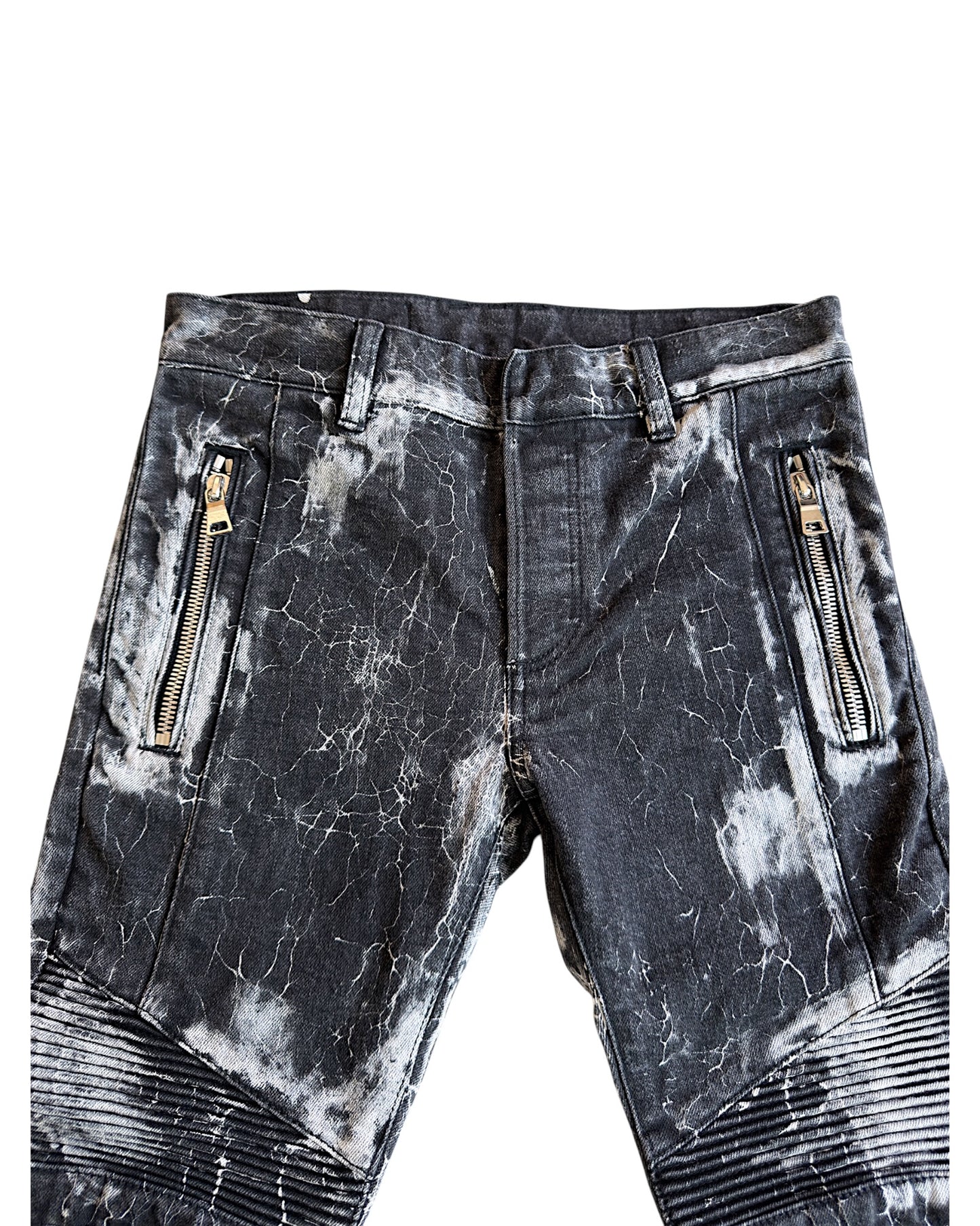 Balmain Batik Marble Print Slim Biker Denim Jeans