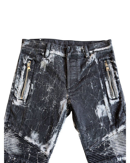 Balmain Batik Marble Print Slim Biker Denim Jeans