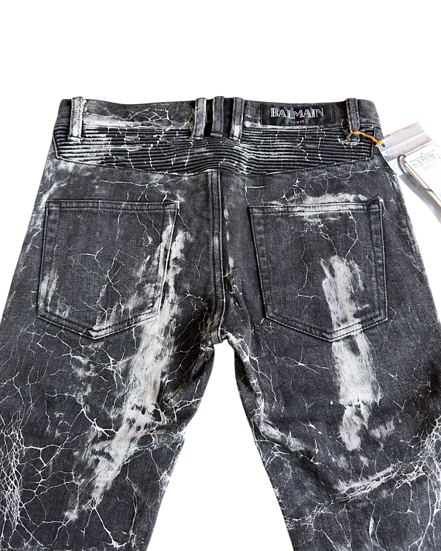 Balmain Batik Marble Print Slim Biker Denim Jeans