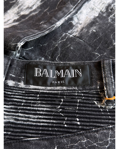 Balmain Batik Marble Print Slim Biker Denim Jeans
