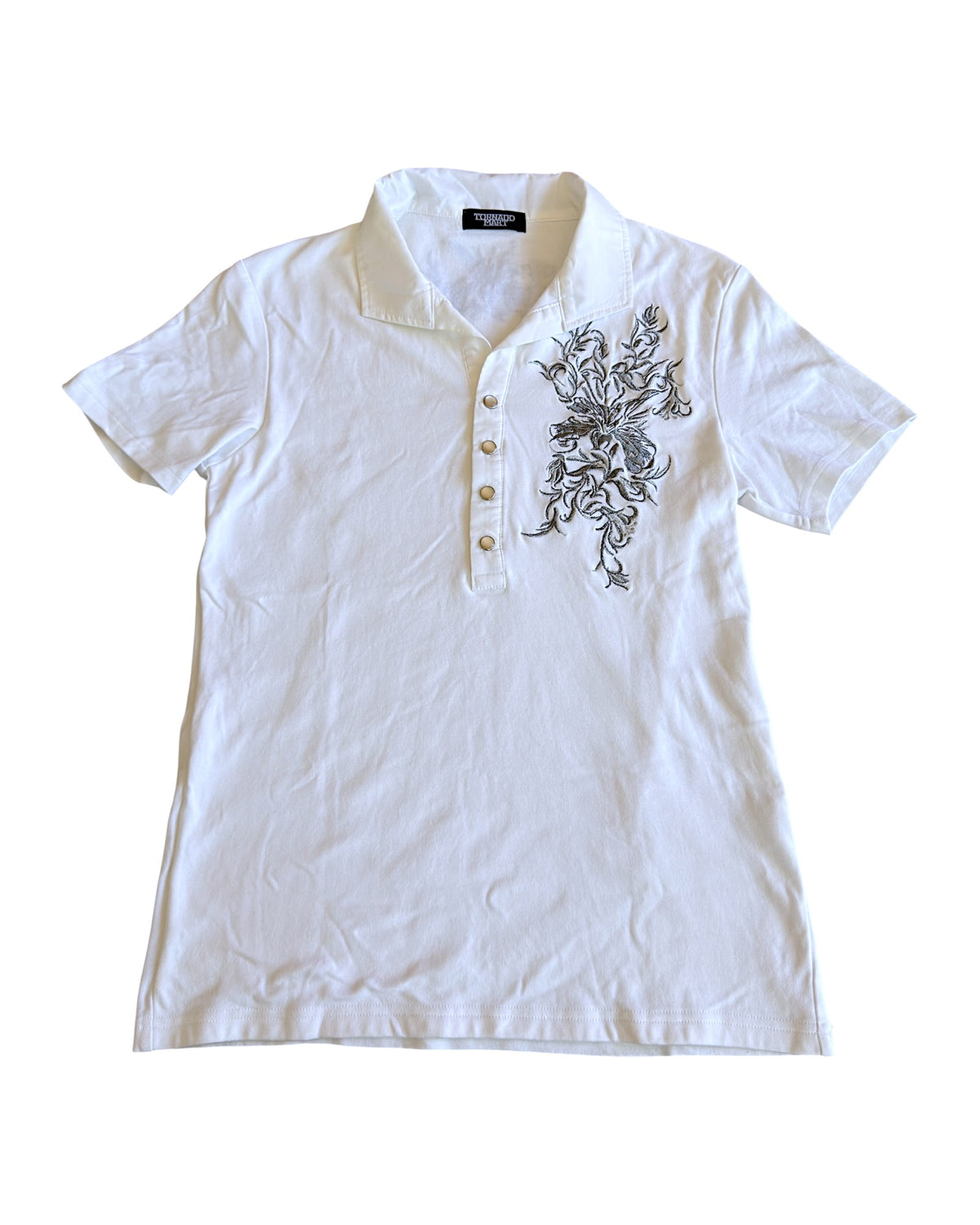 Tornado Mart Floral Embroidery Snap Button Up Polo Shirt