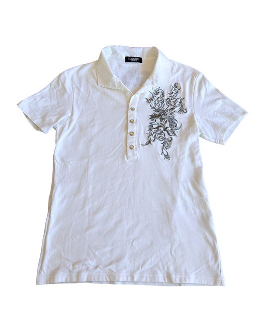 Tornado Mart Floral Embroidery Snap Button Up Polo Shirt