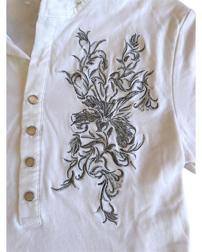 Tornado Mart Floral Embroidery Snap Button Up Polo Shirt