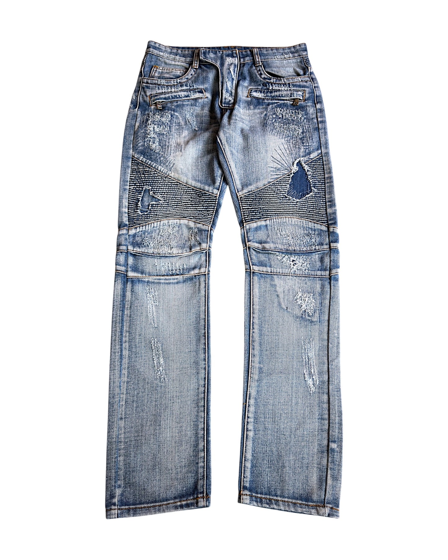 Balmain SS10 Decarnin Patchwork Distressed Repaired Biker Denim Jeans