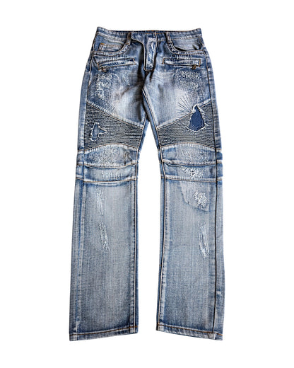 Balmain SS10 Decarnin Patchwork Distressed Repaired Biker Denim Jeans
