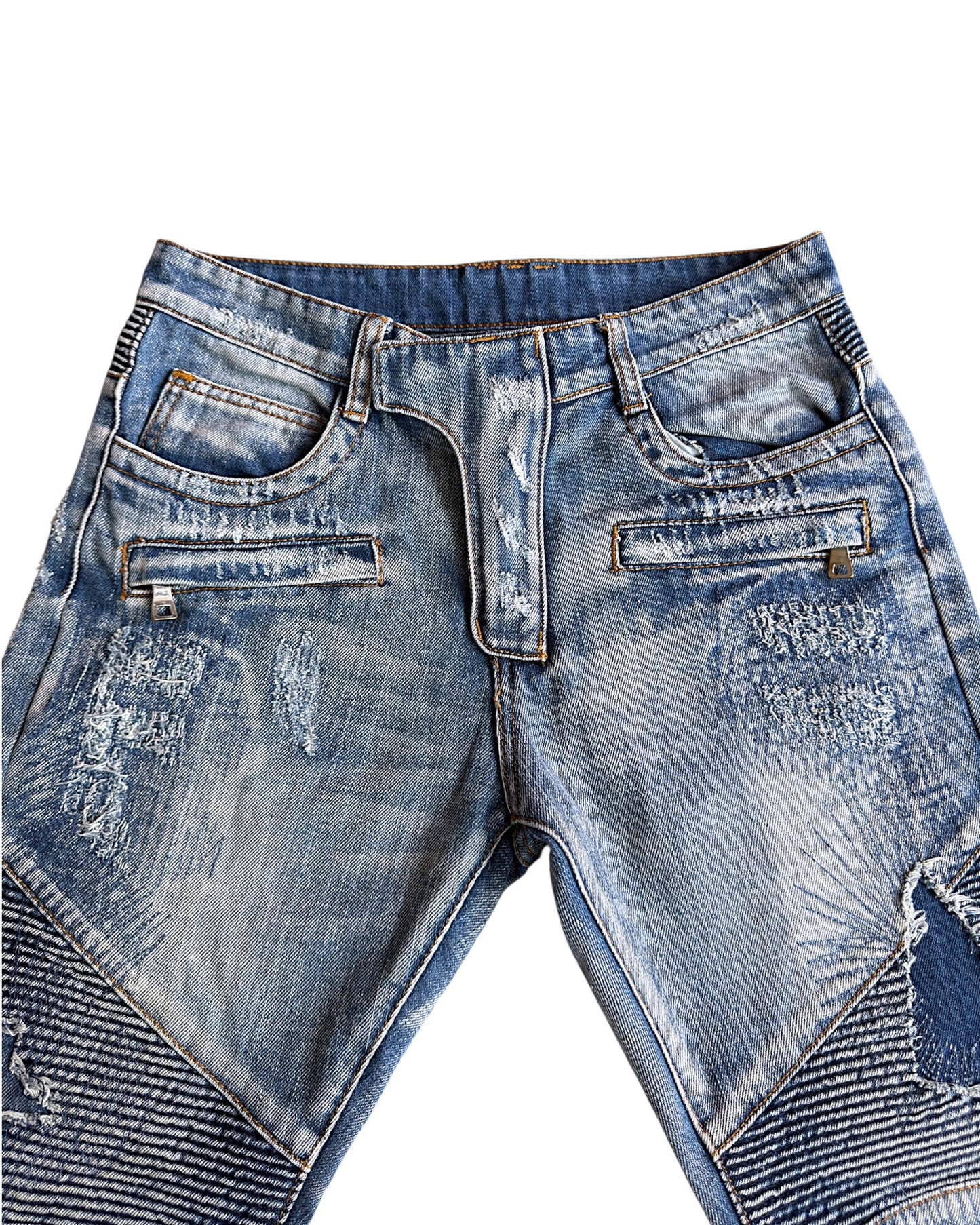 Balmain SS10 Decarnin Patchwork Distressed Repaired Biker Denim Jeans