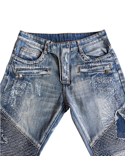 Balmain SS10 Decarnin Patchwork Distressed Repaired Biker Denim Jeans