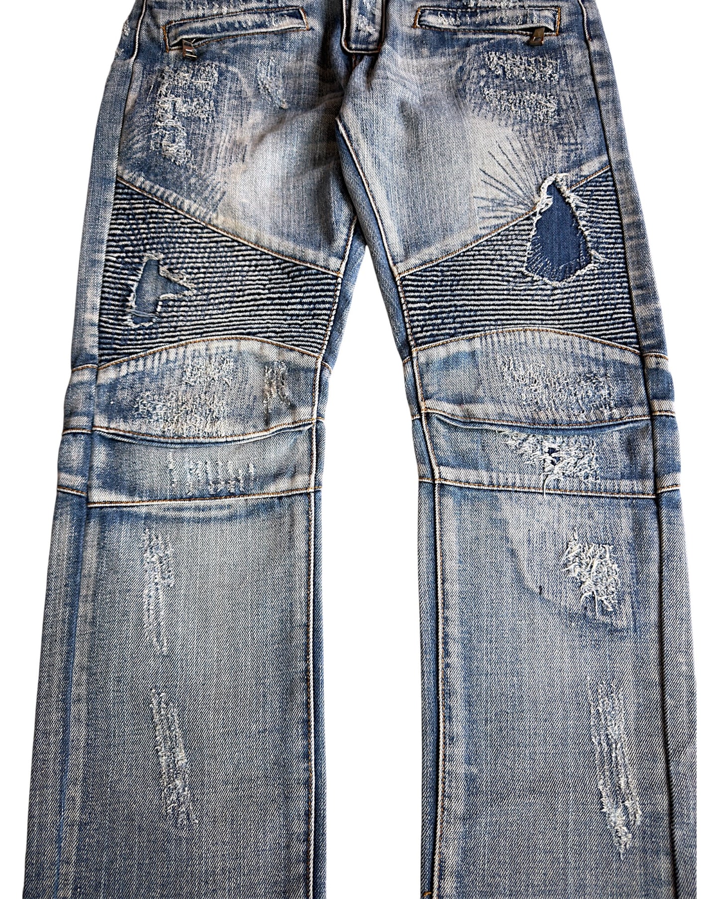 Balmain SS10 Decarnin Patchwork Distressed Repaired Biker Denim Jeans