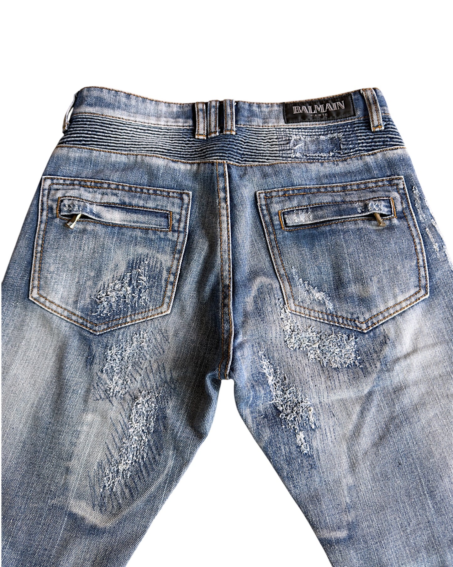 Balmain SS10 Decarnin Patchwork Distressed Repaired Biker Denim Jeans