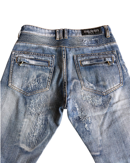 Balmain SS10 Decarnin Patchwork Distressed Repaired Biker Denim Jeans