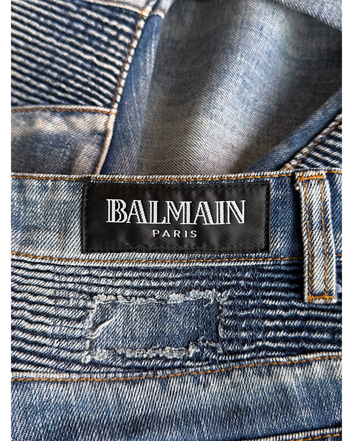 Balmain SS10 Decarnin Patchwork Distressed Repaired Biker Denim Jeans