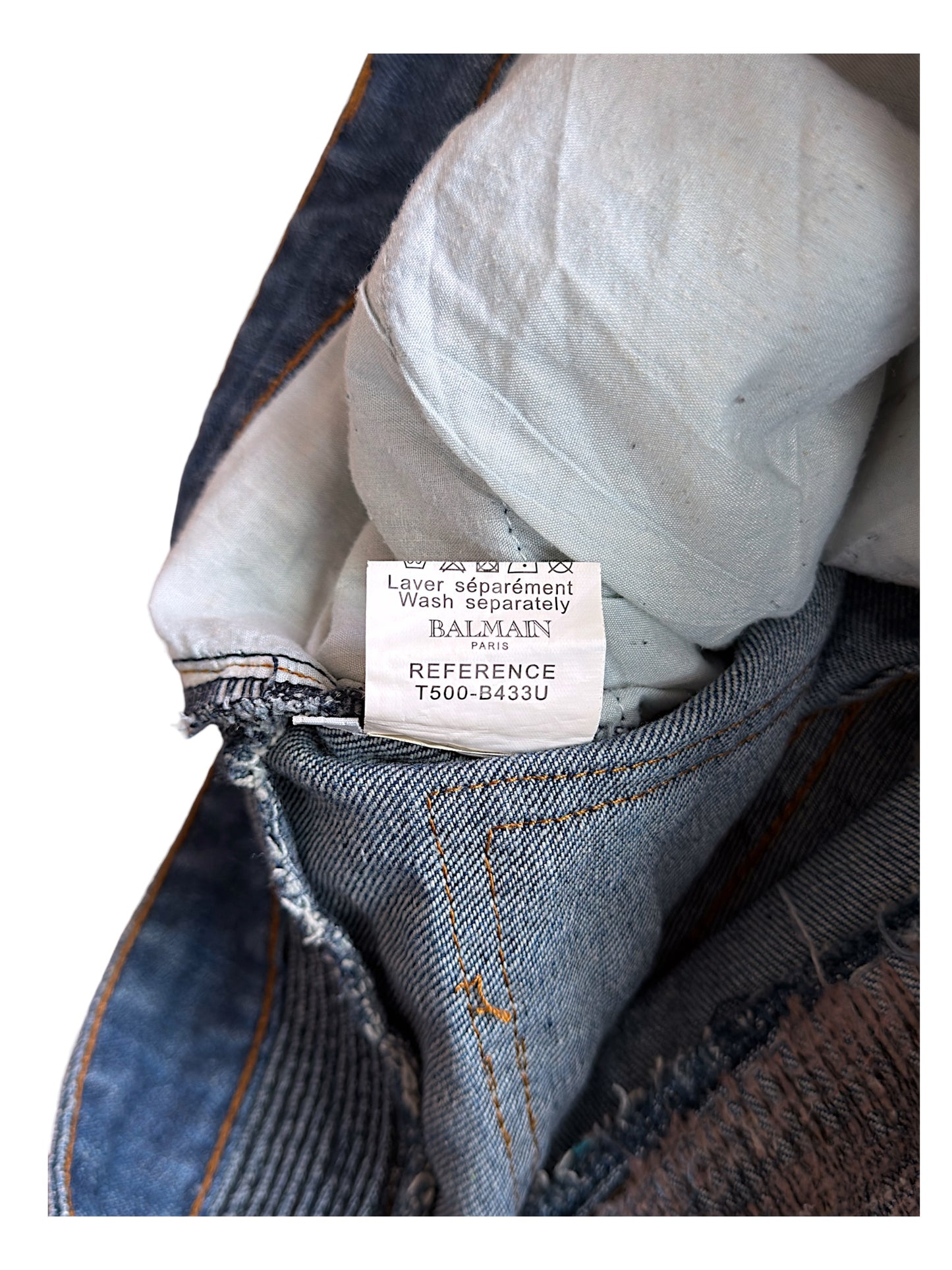 Balmain SS10 Decarnin Patchwork Distressed Repaired Biker Denim Jeans