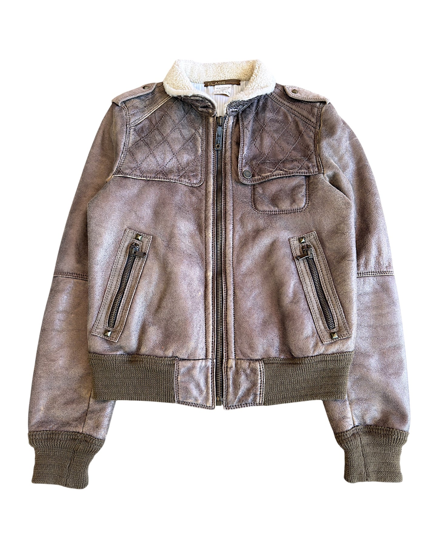 Roberto Cavalli Shearling Lined Aviator Cracked Leather Jacket