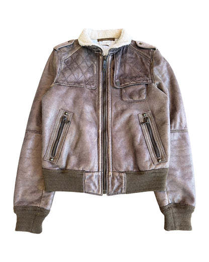 Roberto Cavalli Shearling Lined Aviator Cracked Leather Jacket