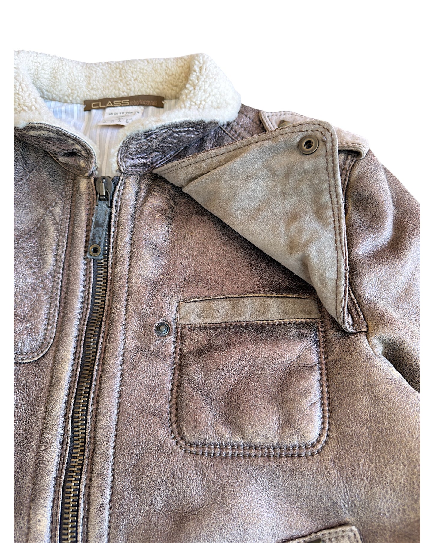 Roberto Cavalli Shearling Lined Aviator Cracked Leather Jacket