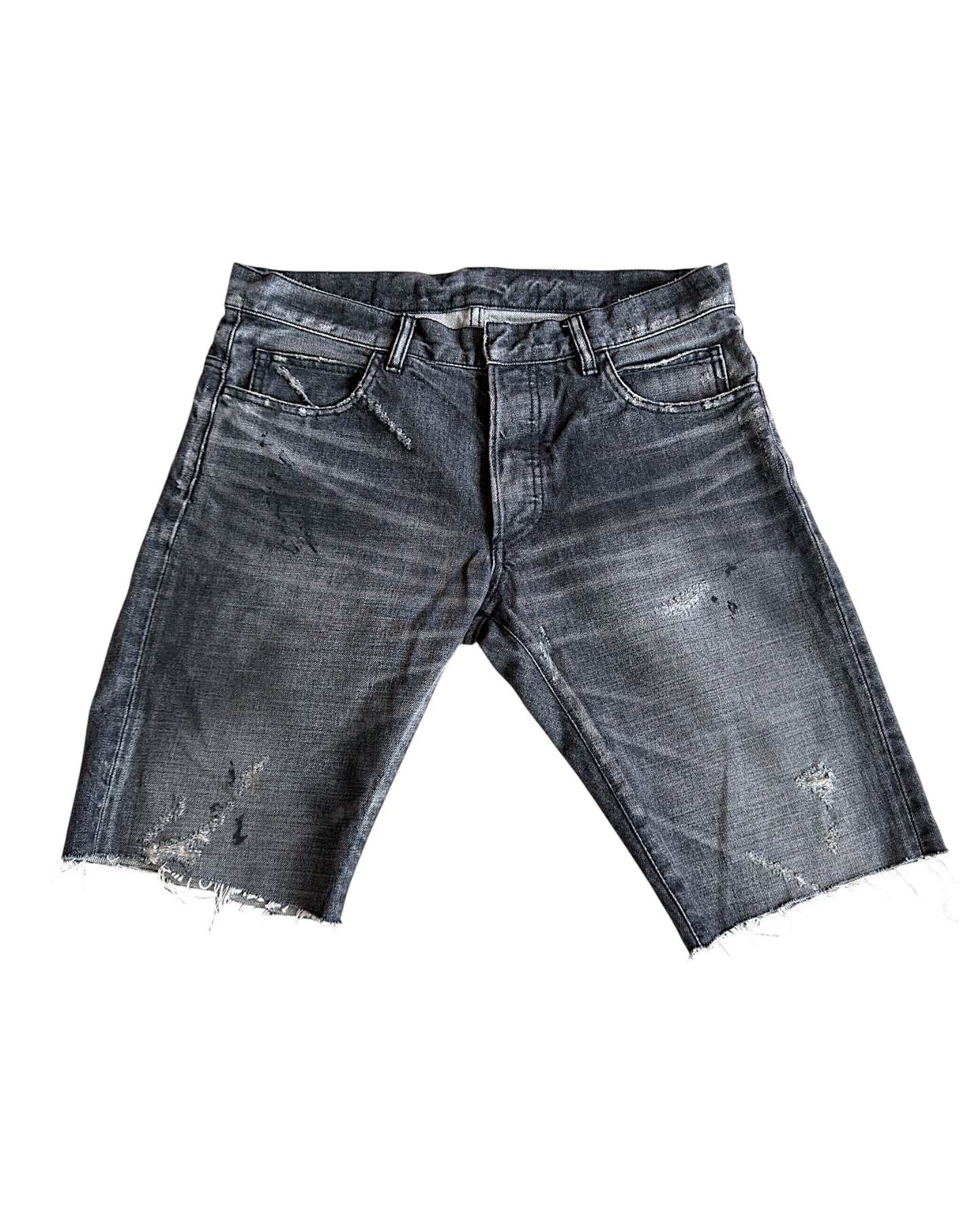 Balmain SS12 Decarnin Paint Distressed Asymmetric Denim Shorts