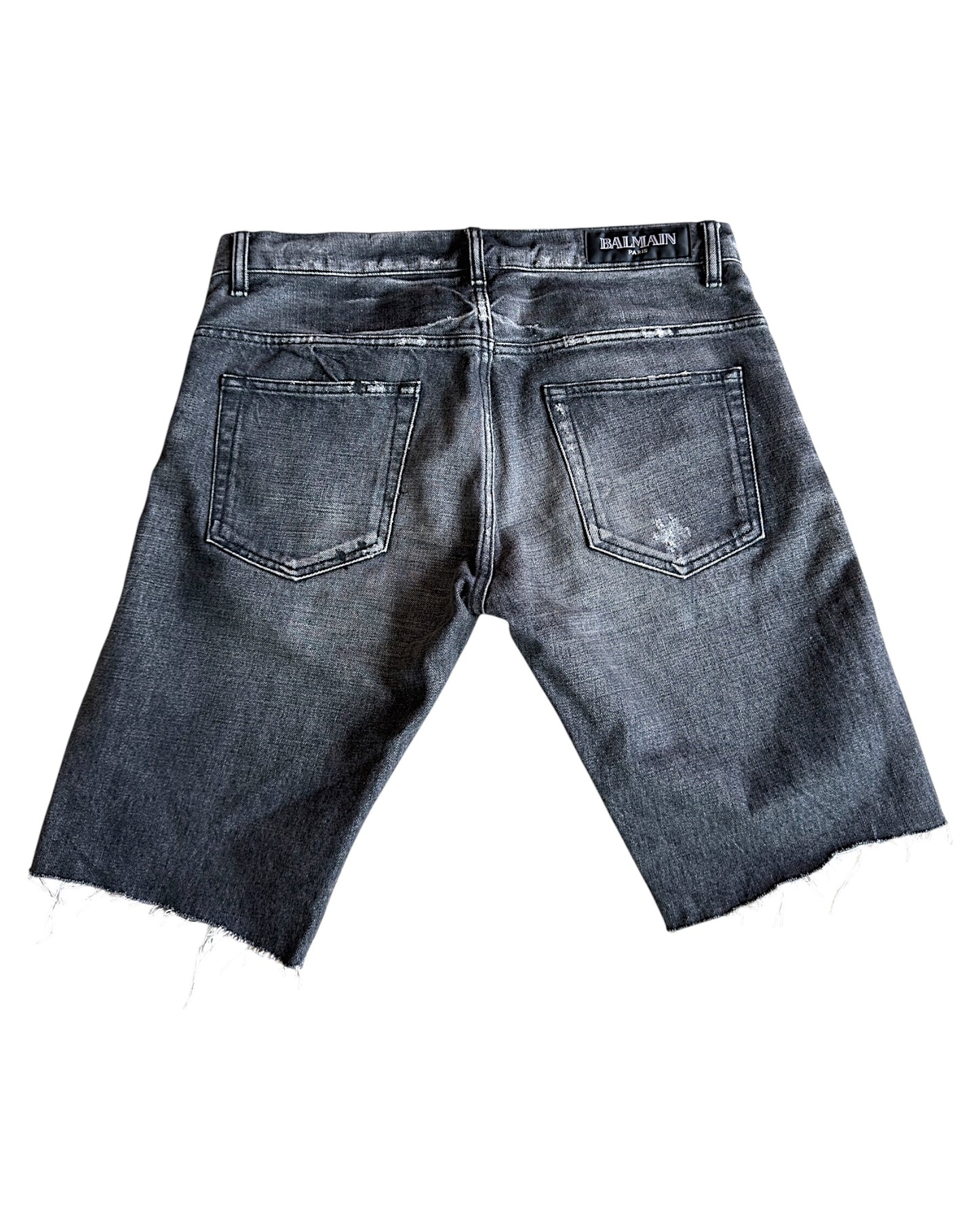Balmain SS12 Decarnin Paint Distressed Asymmetric Denim Shorts