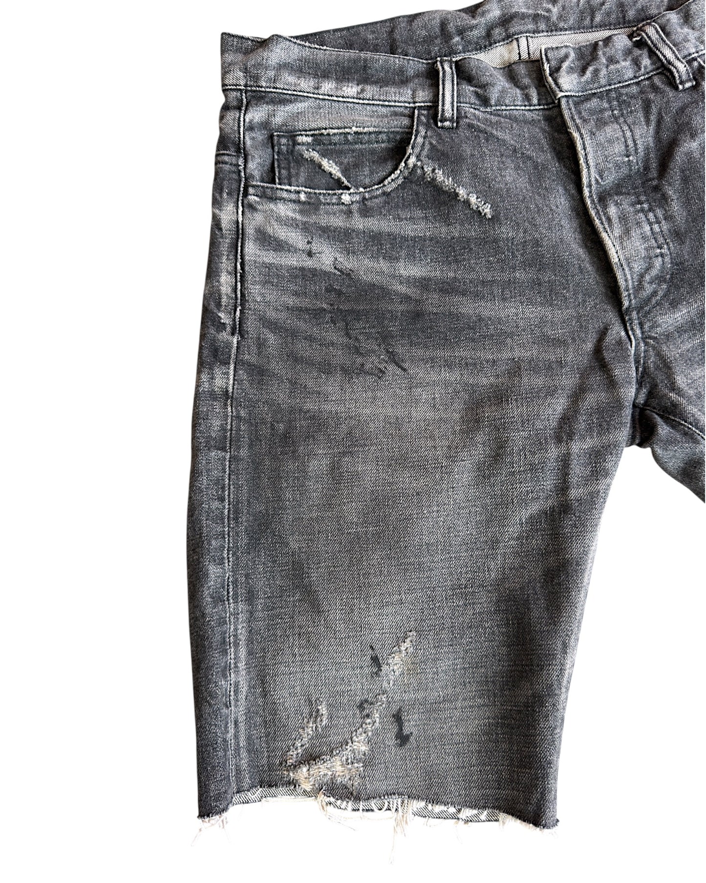 Balmain SS12 Decarnin Paint Distressed Asymmetric Denim Shorts