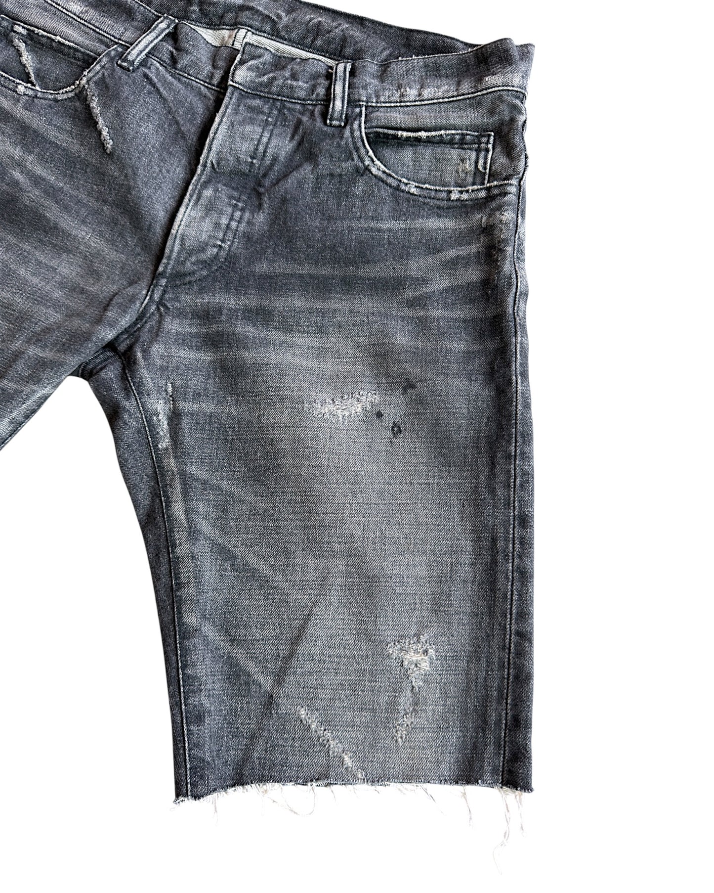 Balmain SS12 Decarnin Paint Distressed Asymmetric Denim Shorts