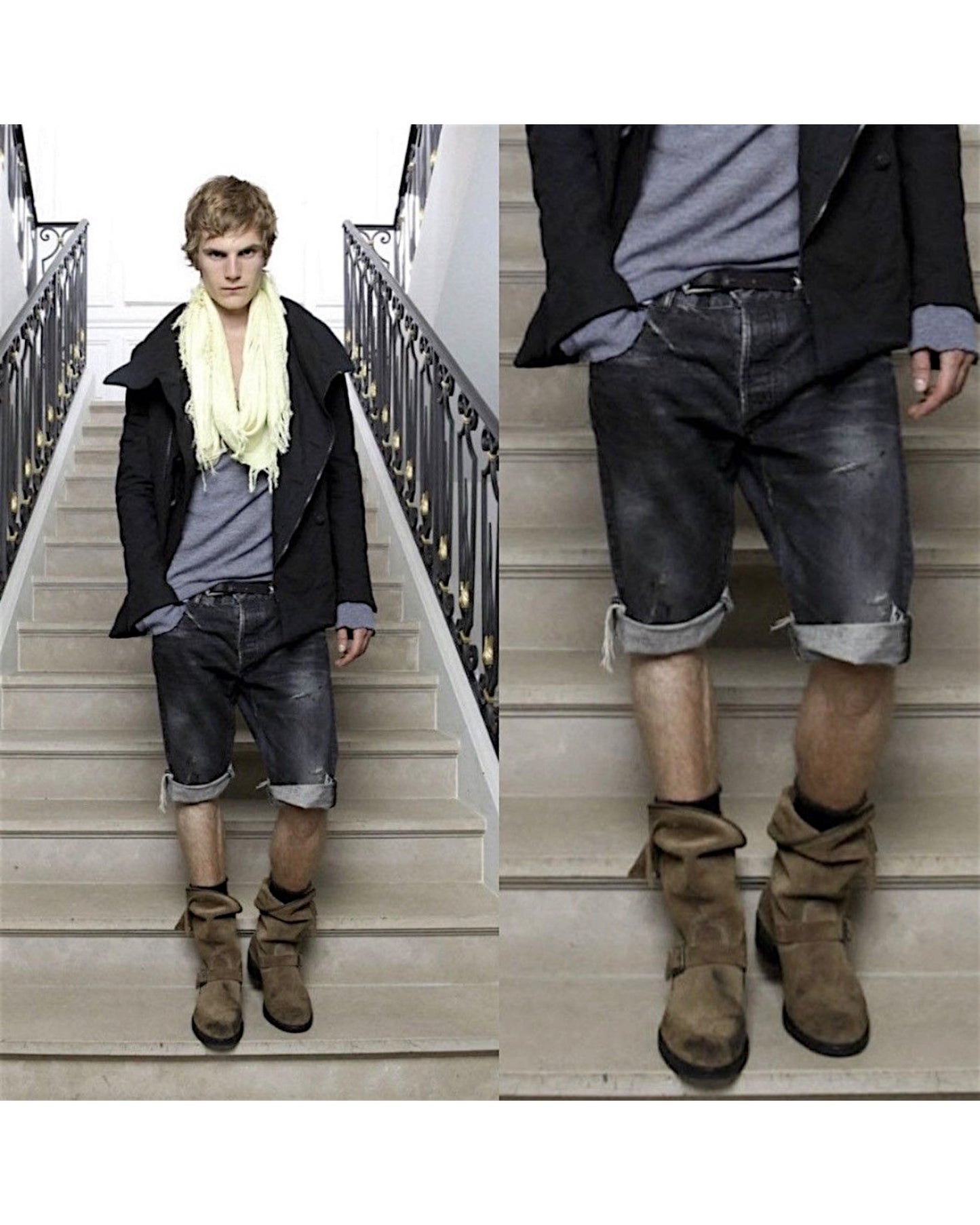 Balmain SS12 Decarnin Paint Distressed Asymmetric Denim Shorts