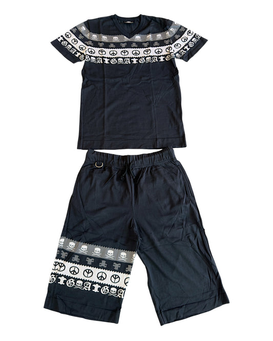 A&G Rock Fleur De Lis Skull Cotton/Silk Knit Shirt & Shorts Set