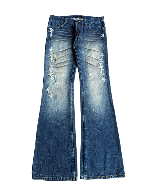 FUGA Black Whisker Blue Washed Distressed Flare Denim Jeans