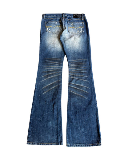 FUGA Black Whisker Blue Washed Distressed Flare Denim Jeans