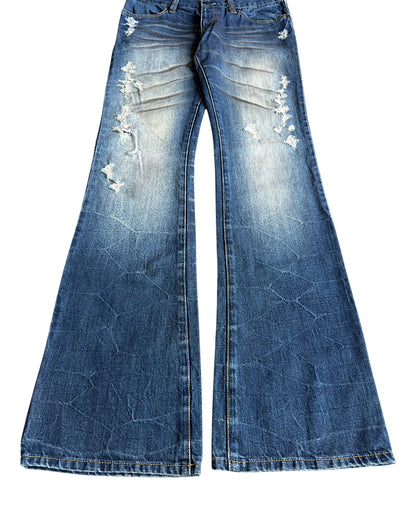 FUGA Black Whisker Blue Washed Distressed Flare Denim Jeans