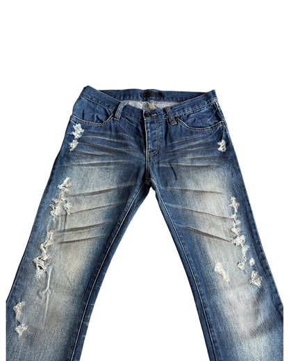 FUGA Black Whisker Blue Washed Distressed Flare Denim Jeans