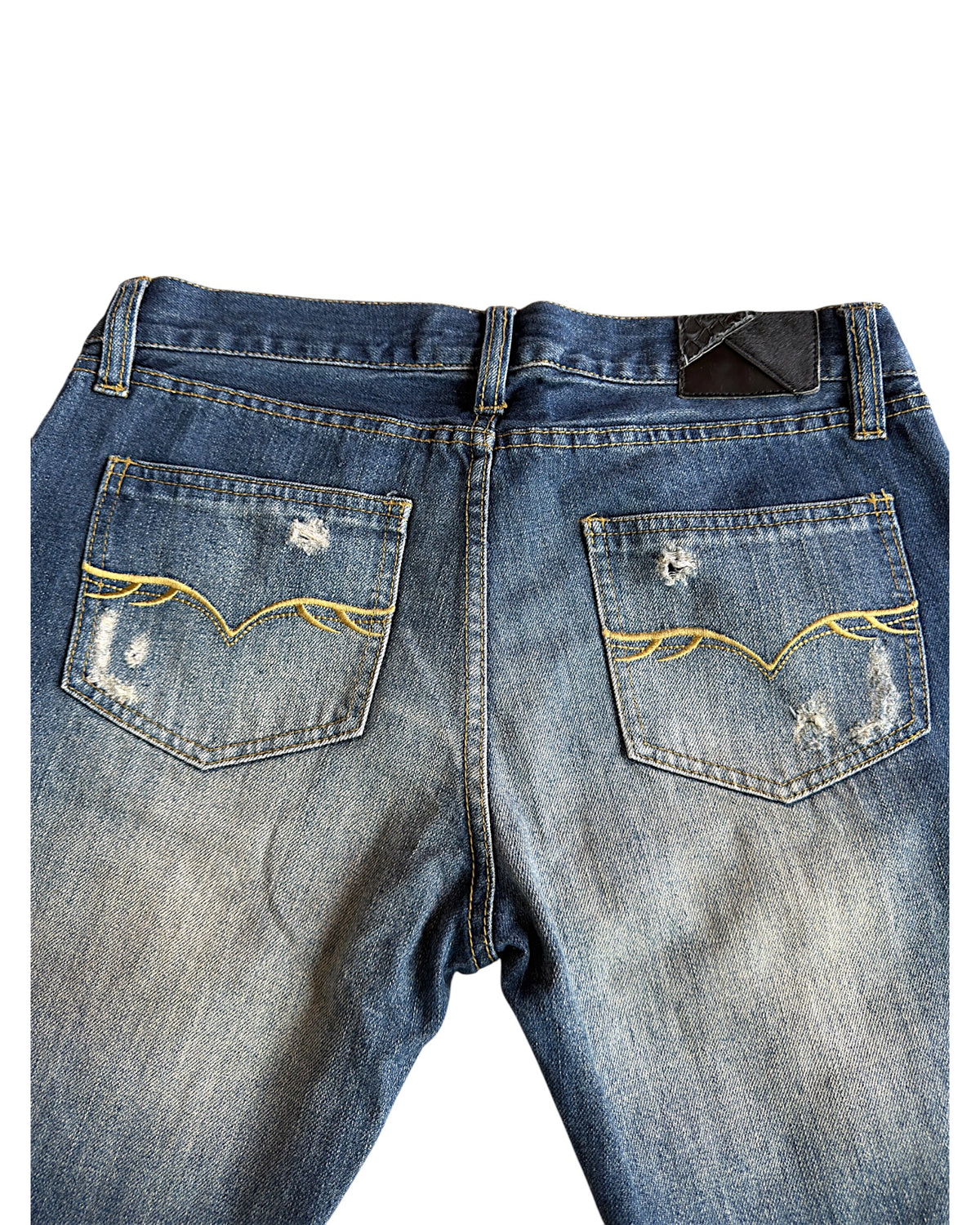 FUGA Black Whisker Blue Washed Distressed Flare Denim Jeans