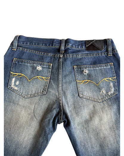 FUGA Black Whisker Blue Washed Distressed Flare Denim Jeans