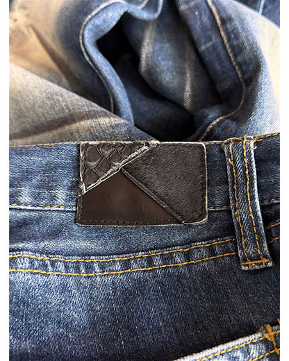 FUGA Black Whisker Blue Washed Distressed Flare Denim Jeans