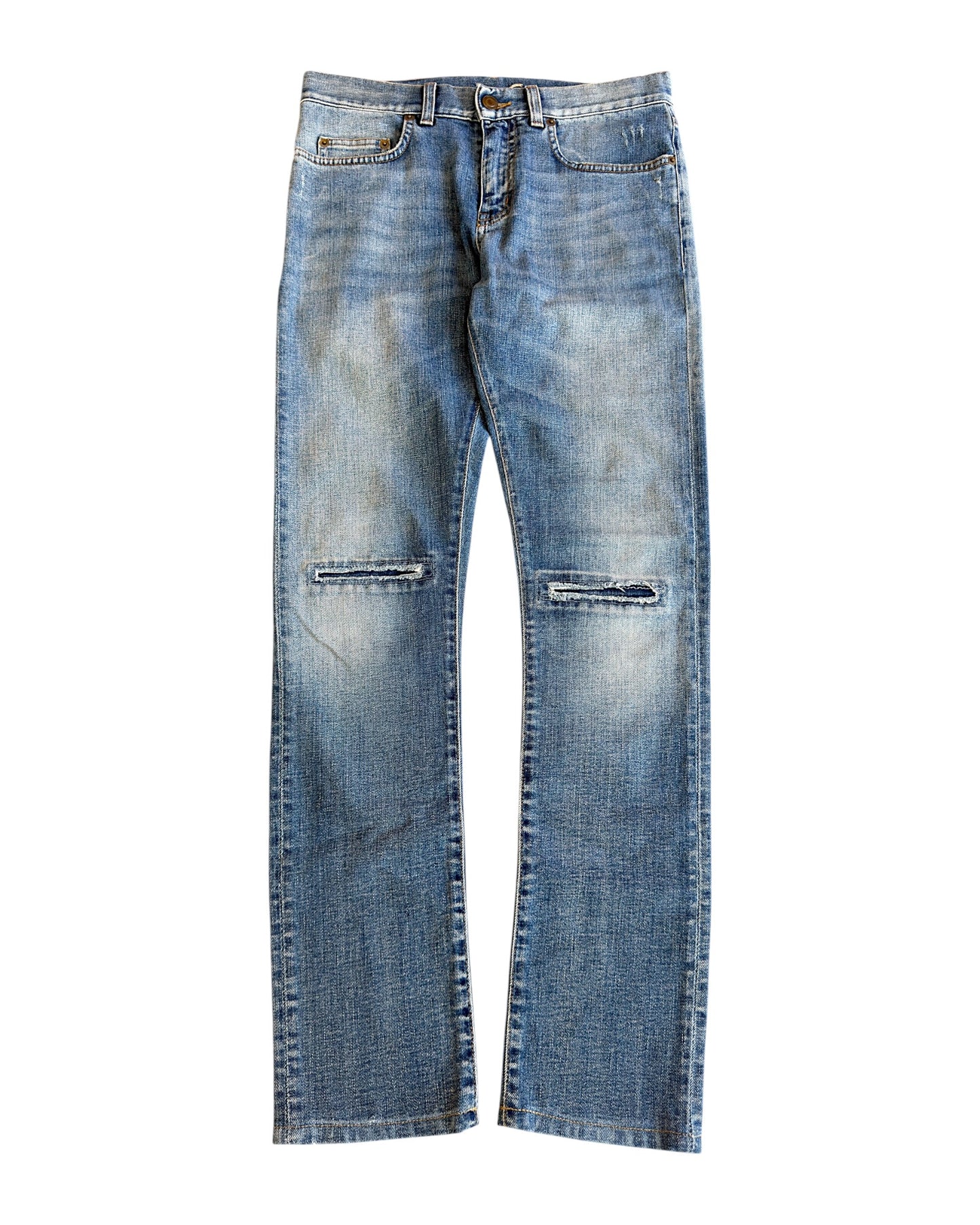 Saint Laurent SS14 by Hedi Slimane D02 Knee Distress Light Blue Washed Denim Jeans
