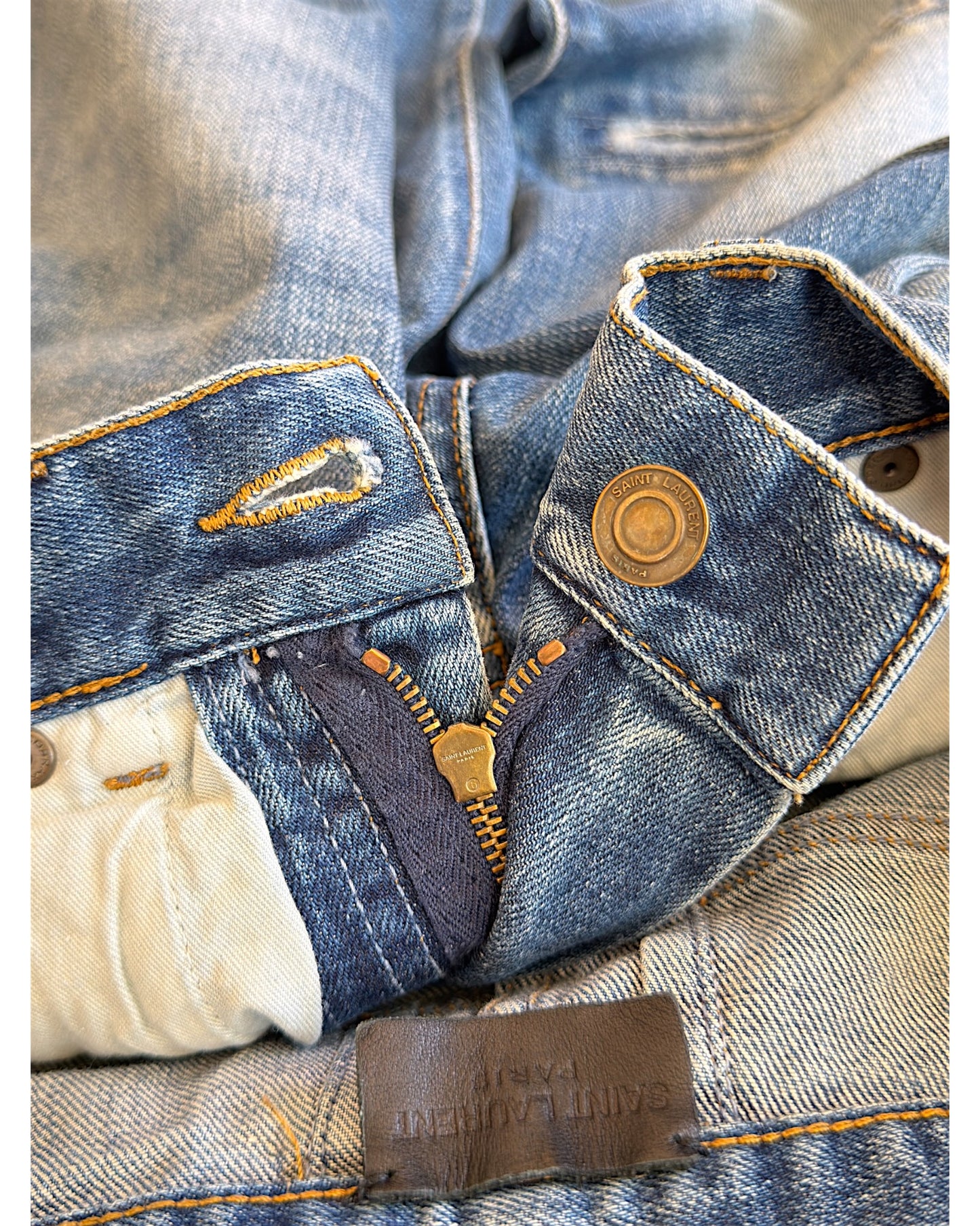 Saint Laurent SS14 by Hedi Slimane D02 Knee Distress Light Blue Washed Denim Jeans