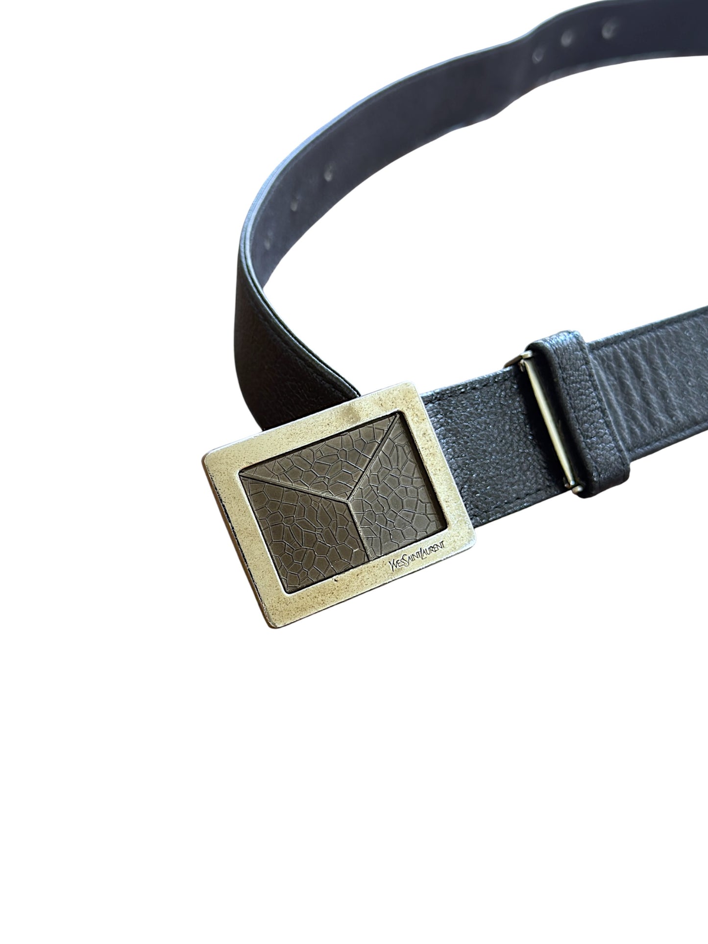 Yves Saint Laurent Y Marble Pattern Engraved Buckle Leather Belt
