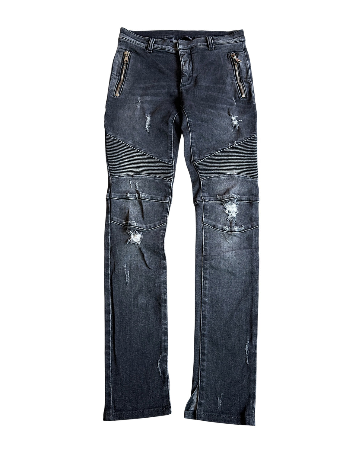 Balmain SS17 Washed Black Distressed Biker Slim Stretch Denim Jeans