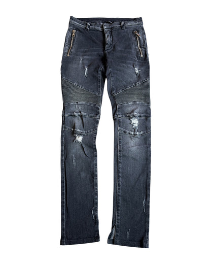 Balmain SS17 Washed Black Distressed Biker Slim Stretch Denim Jeans