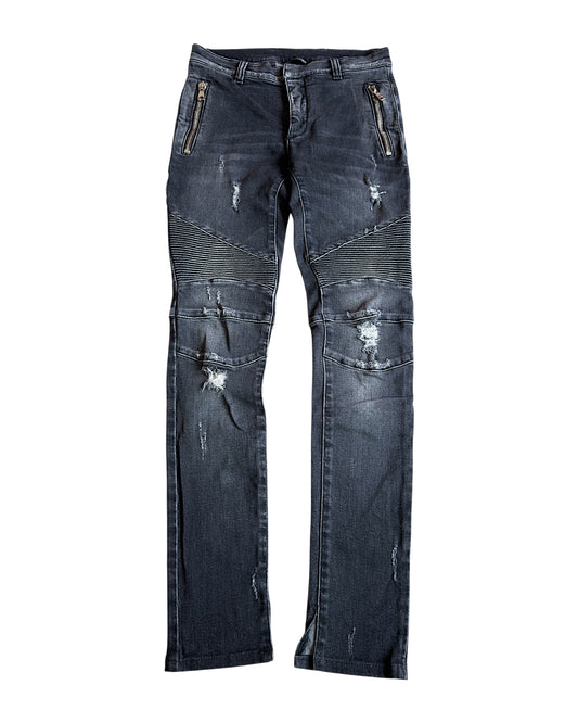 Balmain SS17 Washed Black Distressed Biker Slim Stretch Denim Jeans