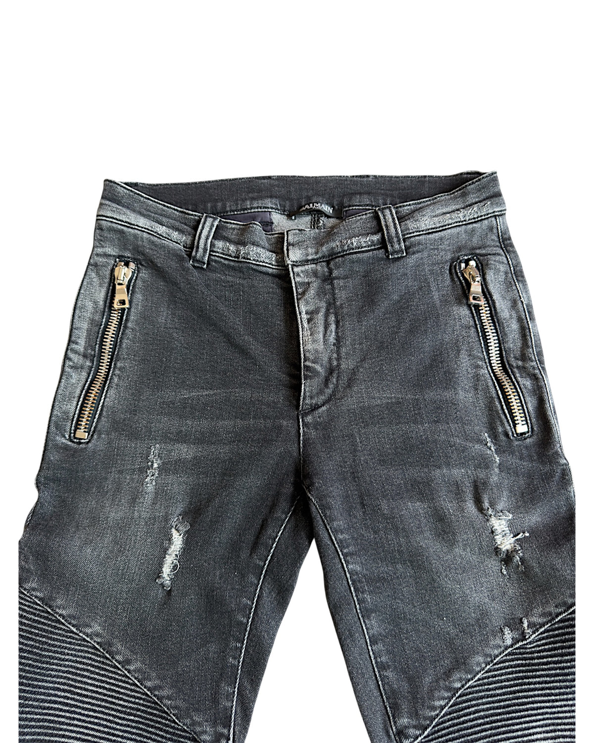 Balmain SS17 Washed Black Distressed Biker Slim Stretch Denim Jeans