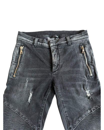 Balmain SS17 Washed Black Distressed Biker Slim Stretch Denim Jeans