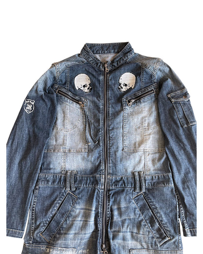 PPFM Double Skull Eastern Rock Anarchy Denim Cargo Jumpsuit