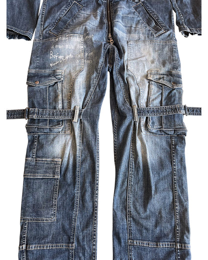 PPFM Double Skull Eastern Rock Anarchy Denim Cargo Jumpsuit