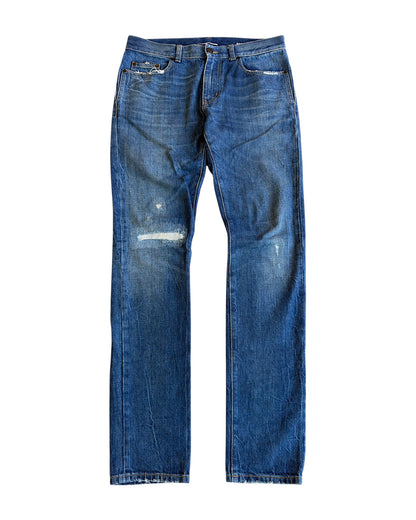 Saint Laurent D02 Distressed Repaired Indigo Blue Denim Jeans
