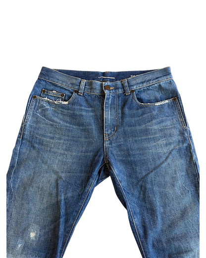 Saint Laurent D02 Distressed Repaired Indigo Blue Denim Jeans