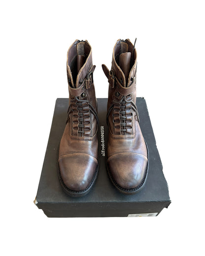 Alfredo Bannister Lace Up Strap Buckle Brown Aged Leather Combat Boots