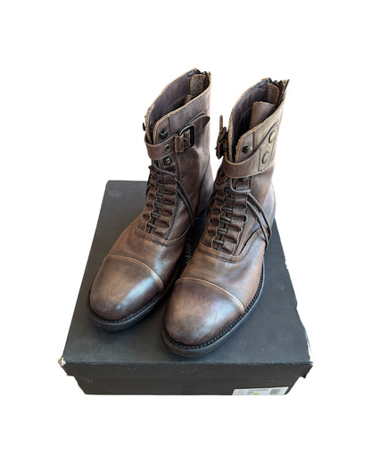 Alfredo Bannister Lace Up Strap Buckle Brown Aged Leather Combat Boots