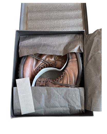 Alfredo Bannister Lace Up Strap Buckle Brown Aged Leather Combat Boots