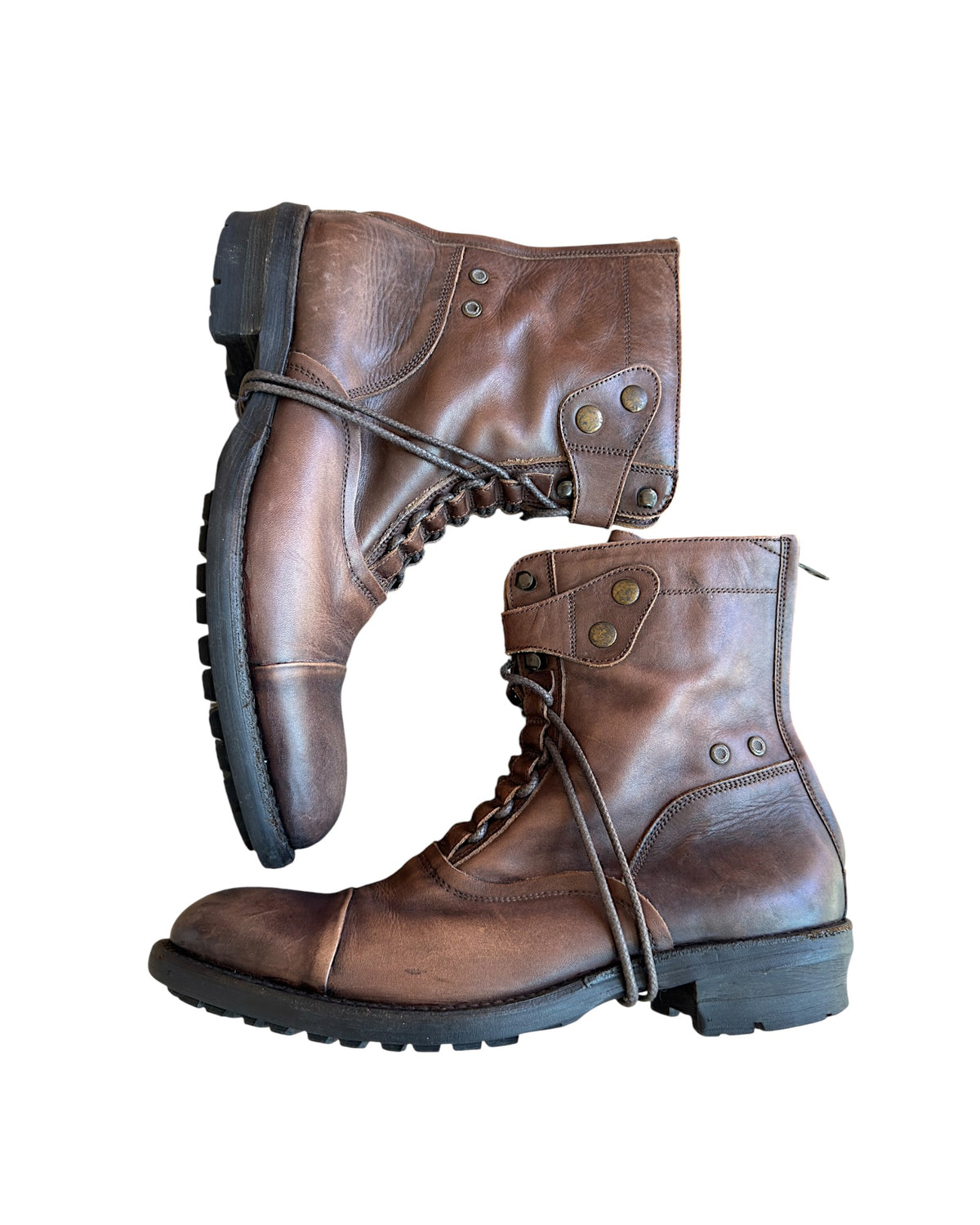 Alfredo Bannister Lace Up Strap Buckle Brown Aged Leather Combat Boots